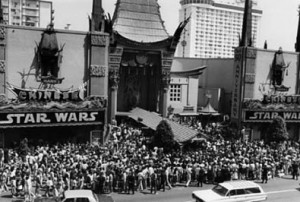 Crowds throng Mann's Chinese Theatre for "Star Wars" in 1977.